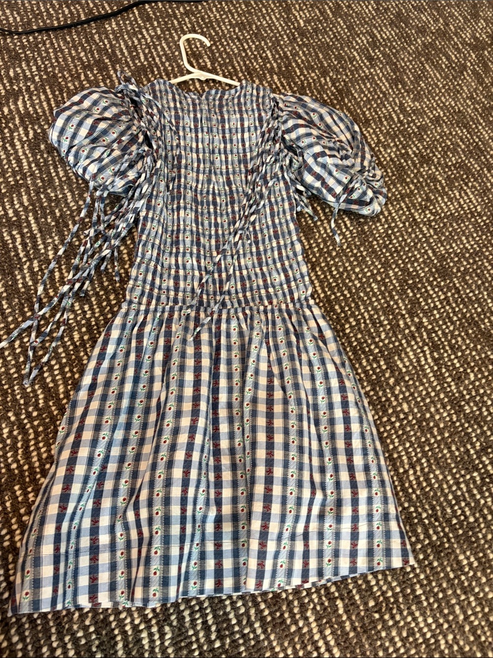 Smocked Puff-Sleeve Mini Dress in Blue Plaid - Picture 5 of 8